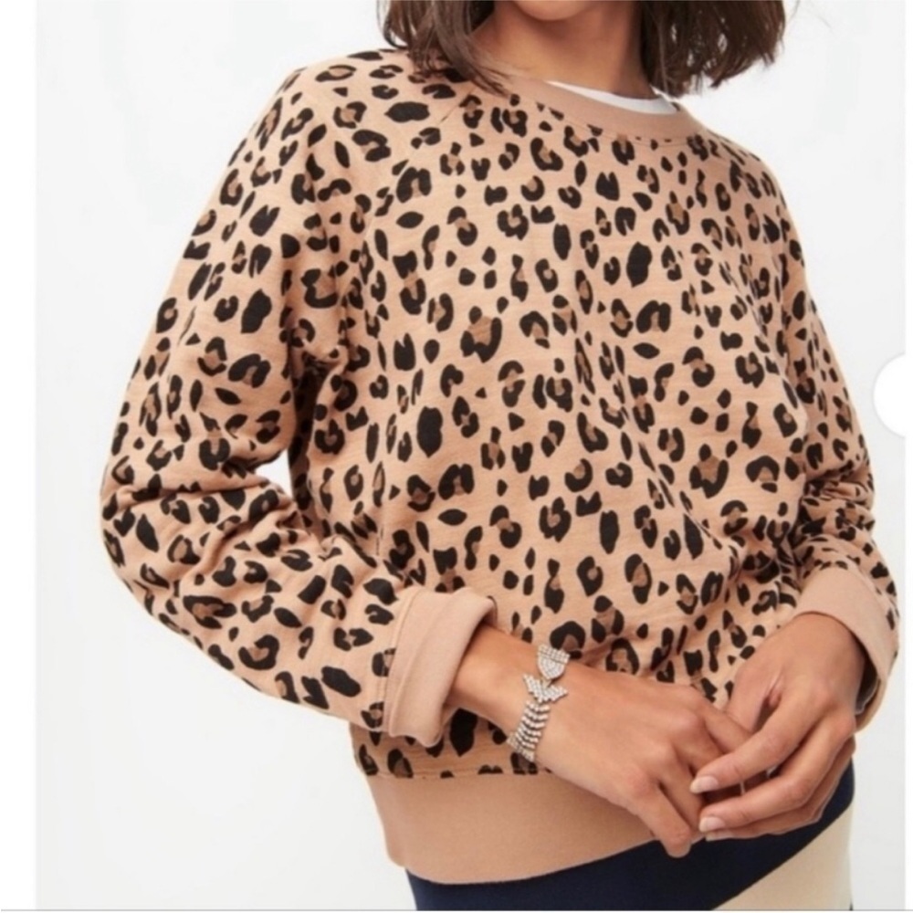 J Crew Leopard Animal Print Crewneck Pullover Preppy Sweater Lounge Brown XS